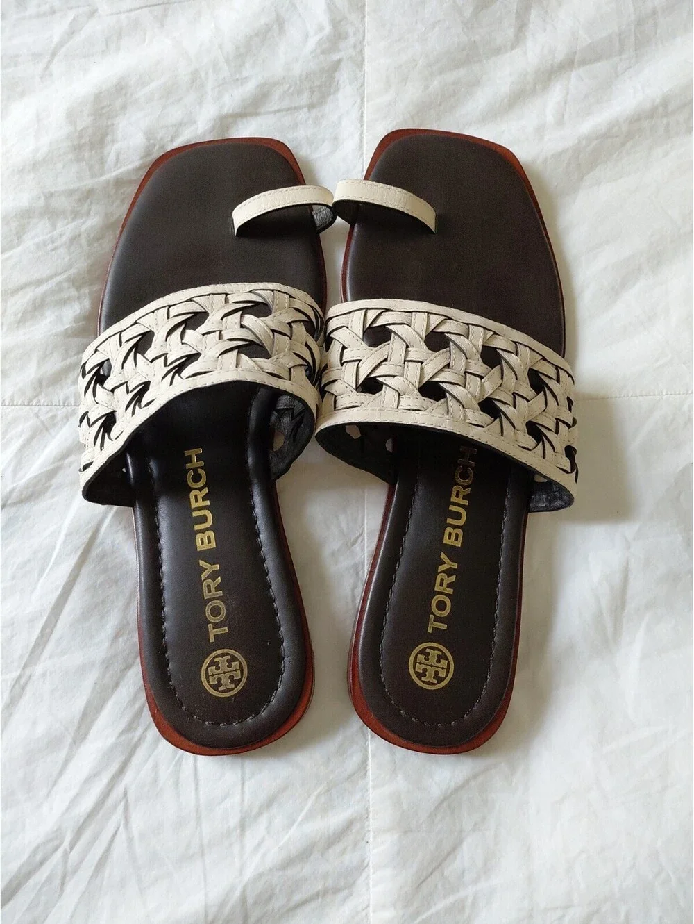 Tory Burch Cream and Brown Woven Thong Slides Size 8.5 EUC #753